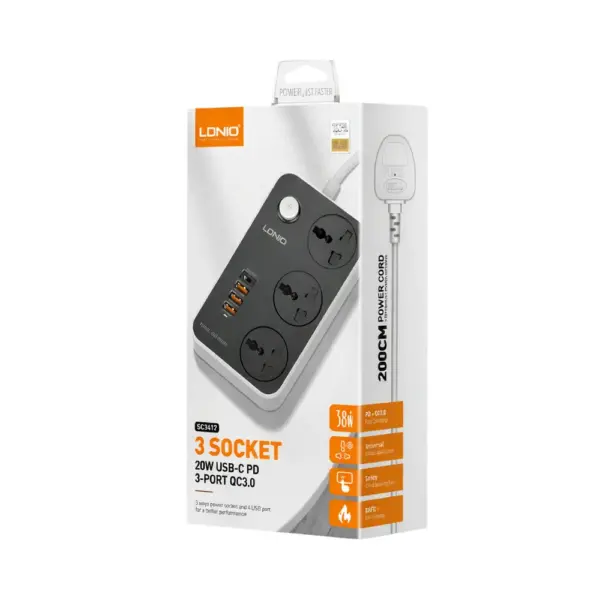 LDNIO SC3412 38W PD20W Power Strip 3 Socket Outlets and 3 QC 3.0 USB Box At Nextechstore.lk